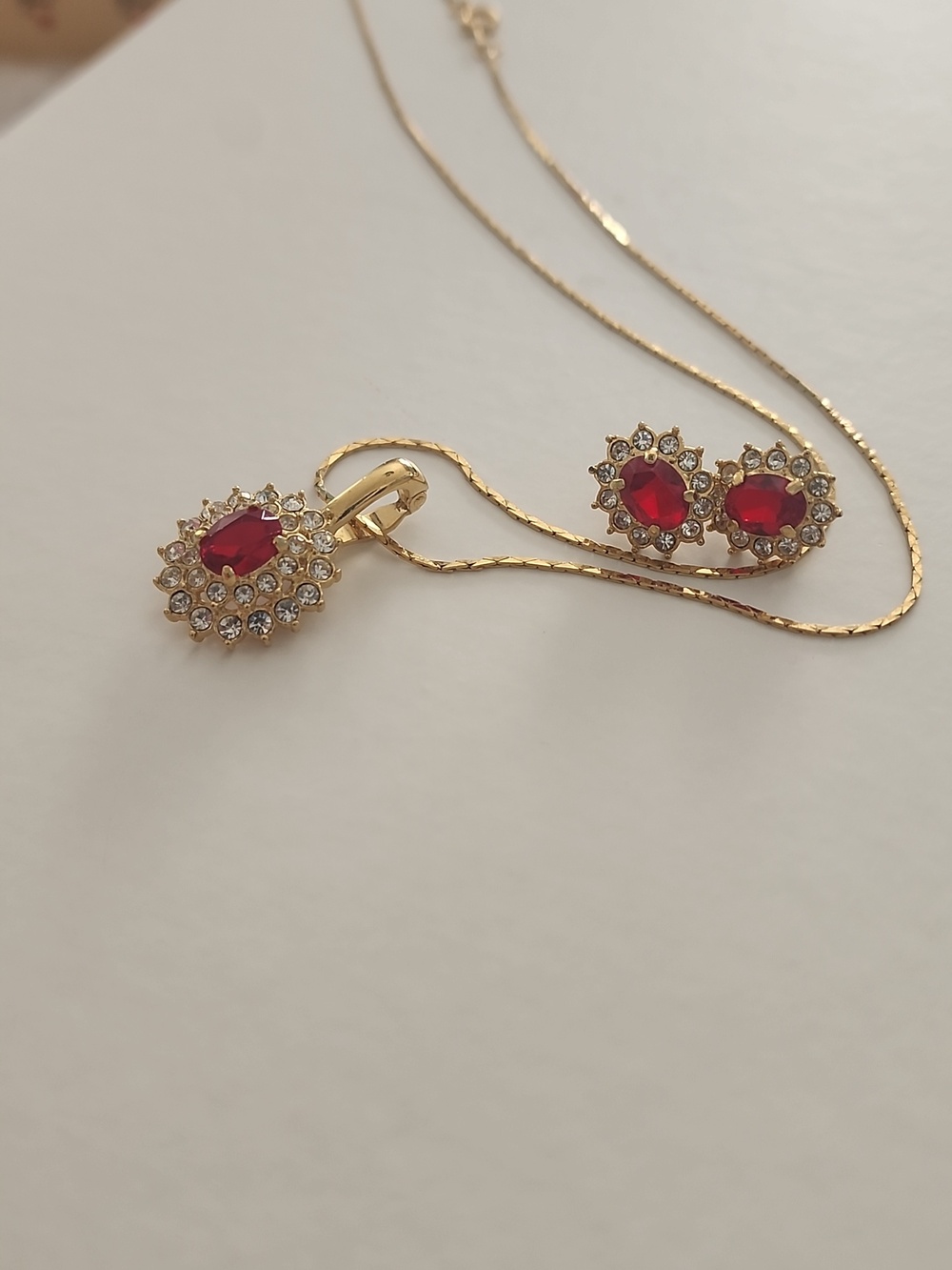 #24 Elegant Gold Necklace with Red Gemstone Pendant Earings Set